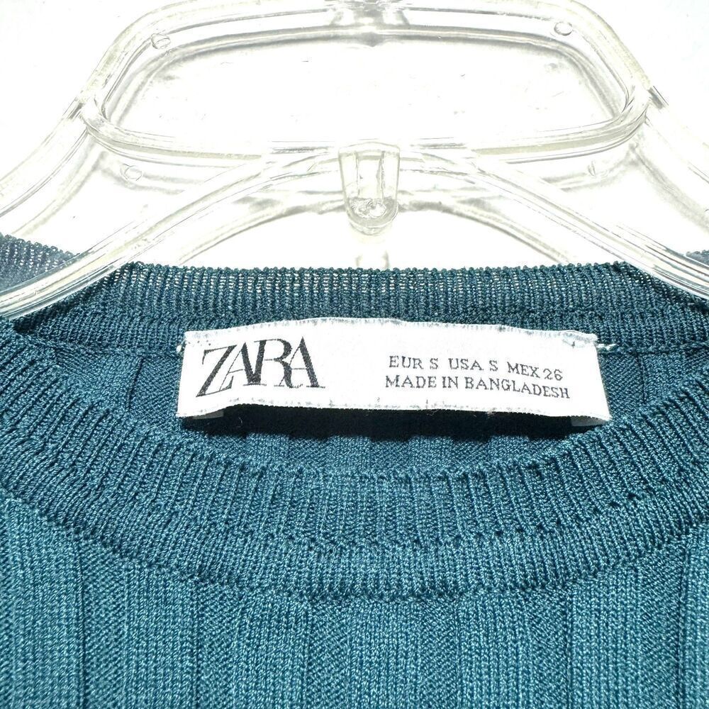 Zara Sweater Cropped Ruffle Green Ribbed Short Sleeve Round Neck Knit size Small - Picture 5 of 8